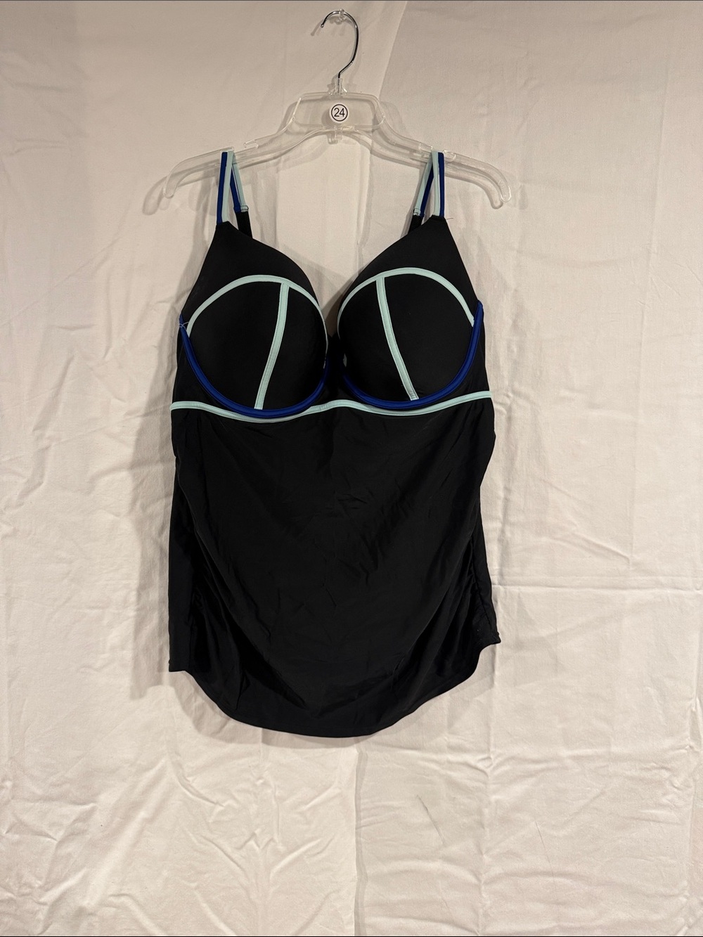 Cacique Black Tankini swim top with Blue and Light Blue Trim, 40DDD